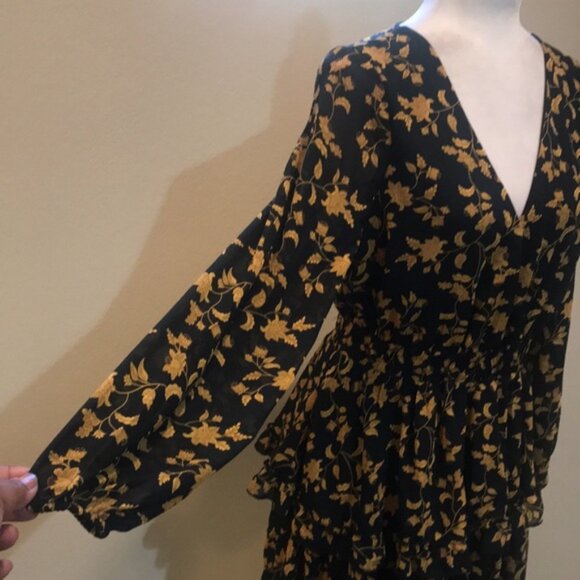 Black & Gold Floral Long Puffed Sleeve Dress Elastic Waist Layered Ruffle Hem-L - Picture 10 of 14
